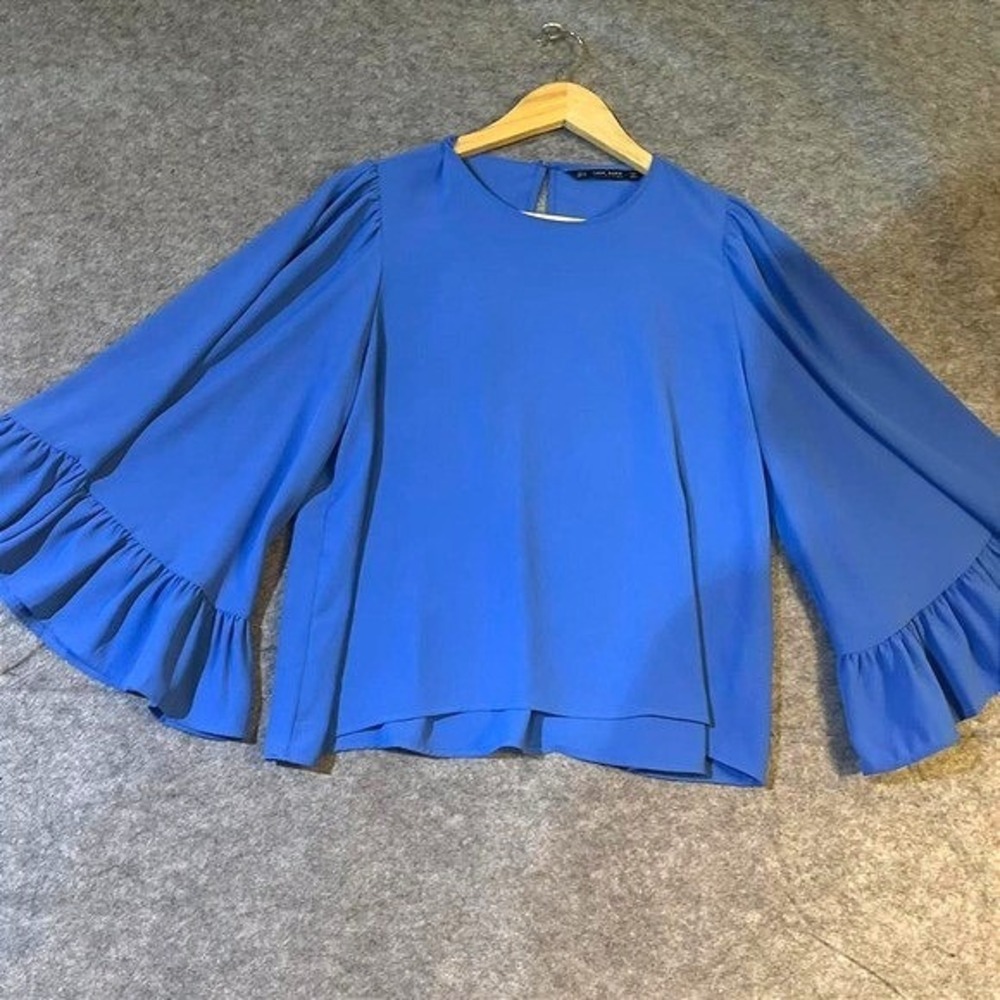 Zara Basic Blue Ruffle Bell Sleeve Keyhole Back Blouse Top Small
